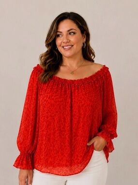 I.N.C. 2X Red Off Shoulder Leopard Print Chiffon Blouse
